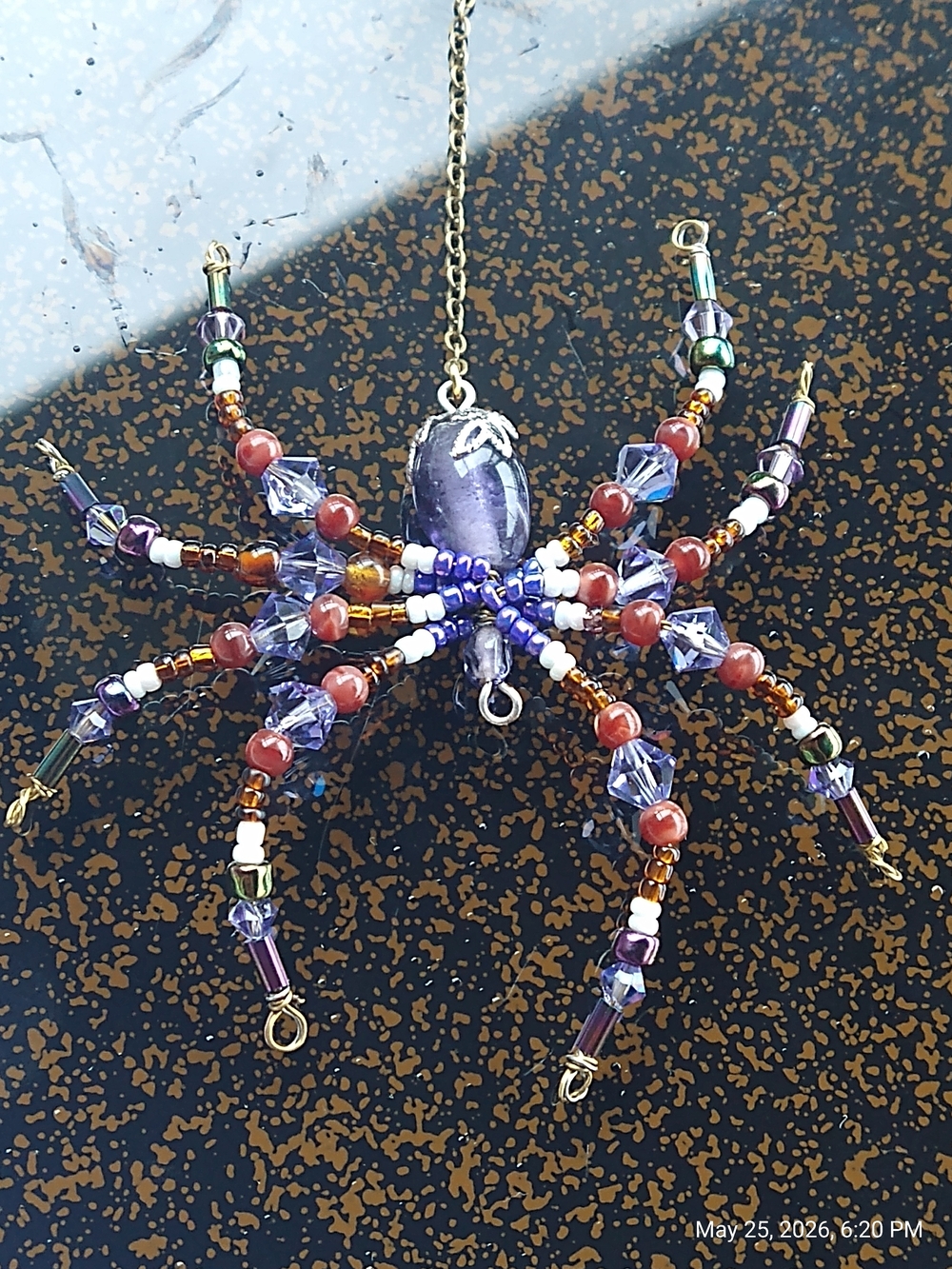 Hand Crafted • Purple & Brown Beaded Spider Pendant